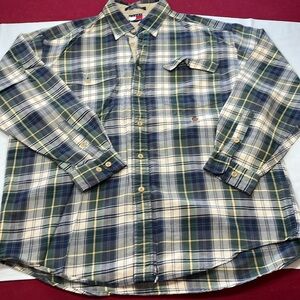Tommy Hilfiger logo blue green yellow Plaid Button up Shirt Cotton mens LRG Y2K